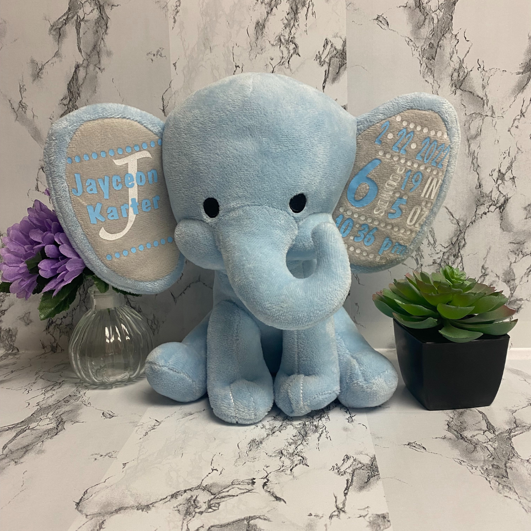 Personalized Baby Boy or Baby Girl Birth Stat Elephant Stuffed Animal Brownie Dreams Designs